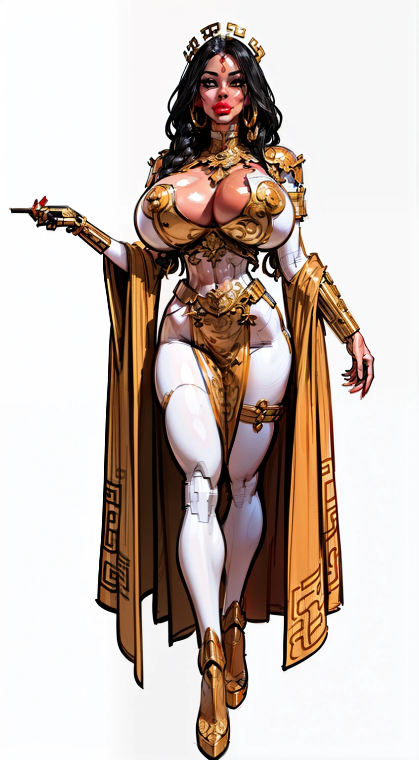 ((masterpiece)),(((best quality))),((character design sheet)), ((full body view)) ((cyberpunk empress)) mature face, ((middle eastern eyes:1.4)), ((gold cybernetic gown)), (((intricate futuristic breastplate))), defined cheekbones, high cheekbones, illustration, muscular, ((cyber gold:1.4)), bimbo, (gigantic breasts:1.7) black hair, ((detailed face:1.4)) beautiful woman, (Chinese:1.4) (white skin:1.4) , (red lipstick:1.4), shiny skin, scribbles and marks,(puffy lips:1.4) , rough sketches, pose, 8k,16k, (simple background, white background: 1.3) ((warm color palette)), ((cyberpunk aesthetic))