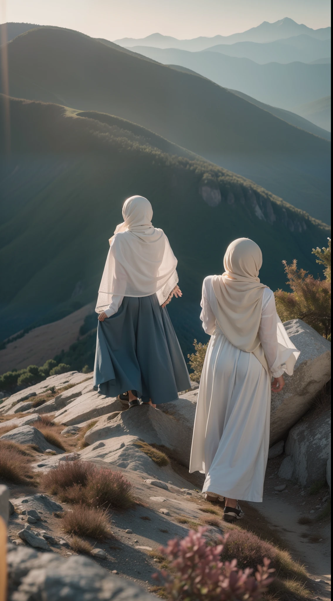 Craft an image capturing the essence of exploration as the two friends climb a breathtaking mountain peak, their hijabs billowing in the wind. The scenic view should evoke a sense of achievement and camaraderie, Super 8mm lense, Low angle shot, bright color grading, depth of field cinematography, western film style, high quality, ultra detail, 8k resolution