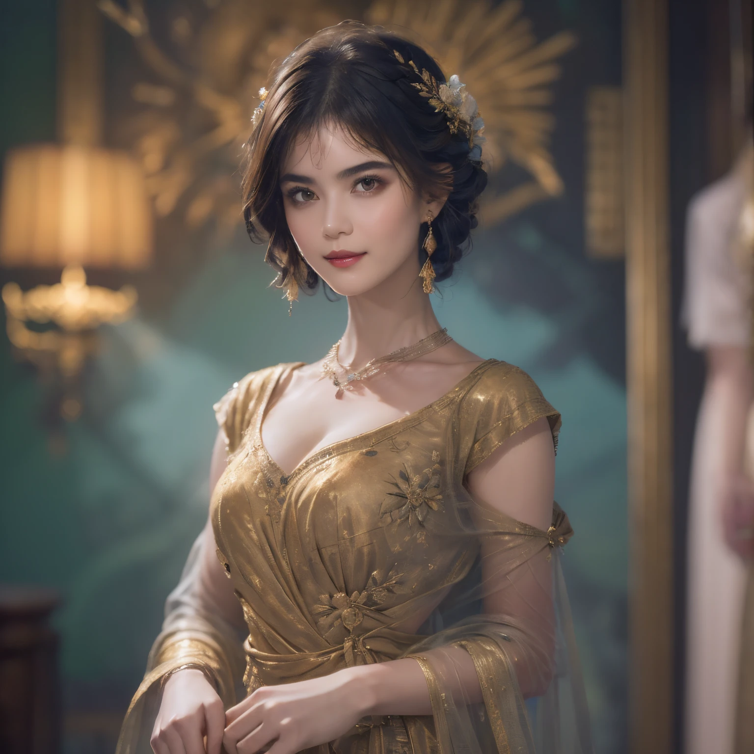 119
(a 20 yo woman,is standing), (A hyper-realistic), (high-level image quality), ((beautiful hairstyle 46)), ((short-hair)), (Gentle smile), (breasted:1.1), (lipsticks), (florals), (Light and Darkness), (rembrandt painting), (Luxurious room), (Depth of field is deep)