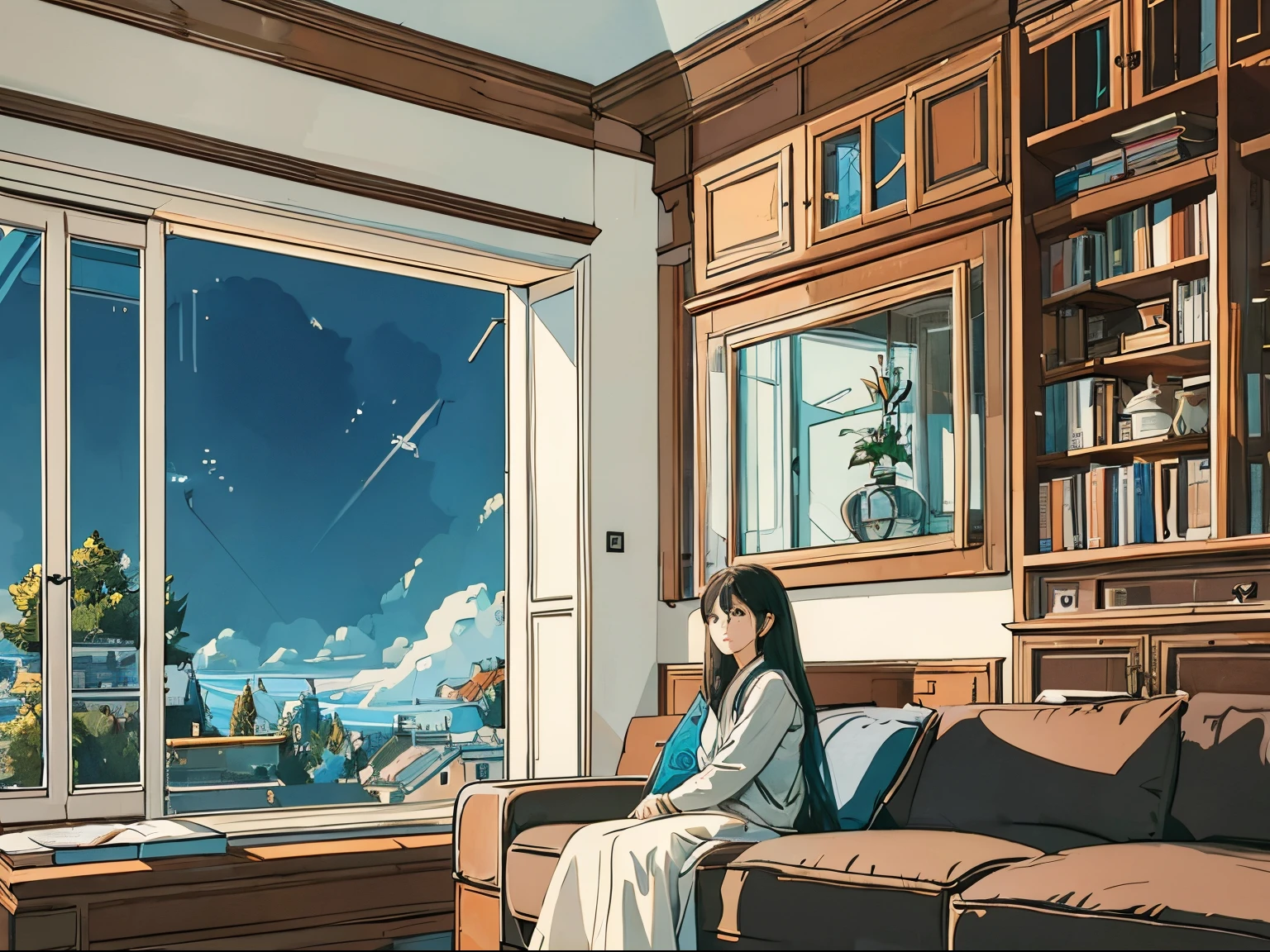 A 30-year-old exquisite long-haired woman is leaning on the window and looking at the sky in a beautiful and high-end room.,The room is equipped with sofas and bookshelves,Loepfe Art Style,Cartoon color line illustration,The colors are mainly light brown and light gray,Cute healing style,Small fresh style,Highly detailed depiction。