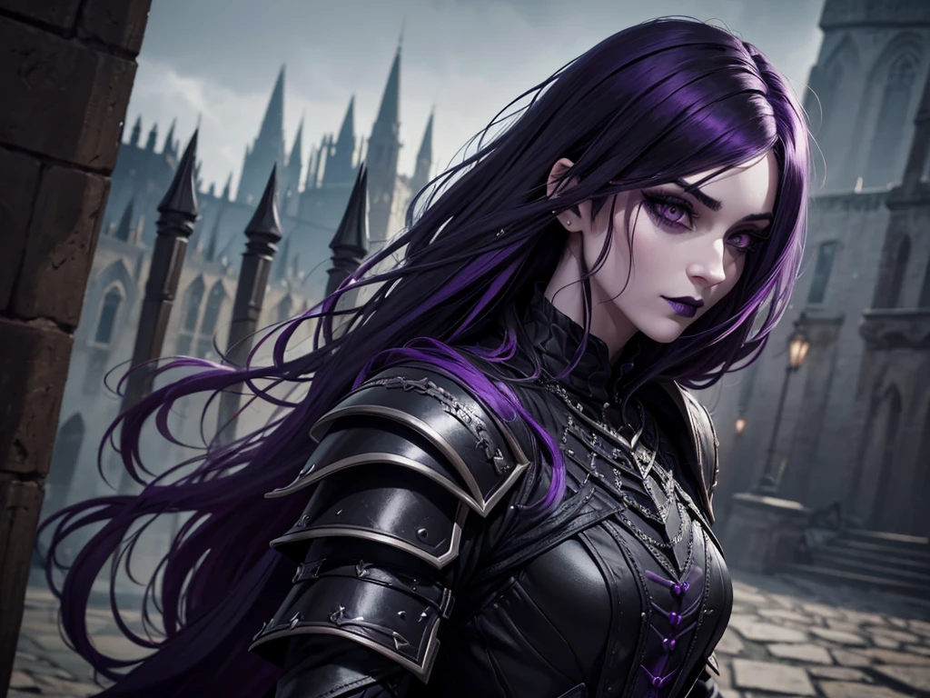 An adult vampire wizard character wearing a very detailed and beautiful gothic armor in black and purple color. Seu cabelo com corte em estilo curto, black lip color, cor roxa dos olhos;, manto, capuz, caminhando, 8k, Magnificent, Black and purple Gothic armor, capa