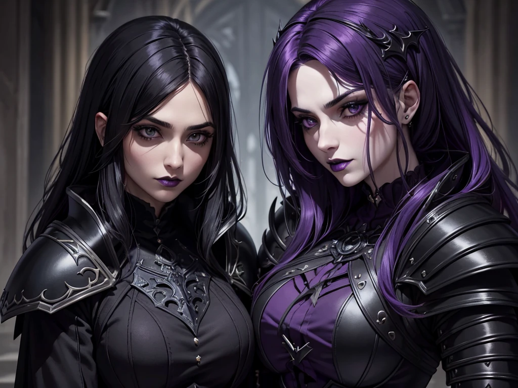 An adult vampire wizard character wearing a very detailed and beautiful gothic armor in black and purple color. Seu cabelo com corte em estilo curto, black lip color, cor roxa dos olhos;, manto, capuz, caminhando, 8k, Magnificent, Black and purple Gothic armor, capa