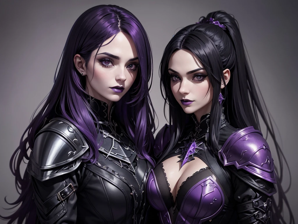 An adult vampire wizard character wearing a very detailed and beautiful gothic armor in black and purple color. Seu cabelo com corte em estilo curto, black lip color, cor roxa dos olhos;, manto, capuz, caminhando, 8k, Magnificent, Black and purple Gothic armor, capa
