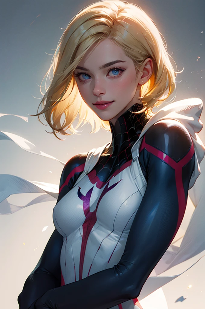 (best quality, masterpiece, colorful, dynamic angle, highest detailed) upper body photo, fashion photography of cute, intense short blonde hair, \Gwendolyne Maxine Stacy\ Spider-Gwen suit, (ultrahigh resolution textures), in dynamic pose, bokeh, glowing web, (intricate details, hyperdetailed:1.15), detailed, moonlight passing through hair, perfect night, fantasy background, (official art, extreme detailed, highest detailed), HDR+
