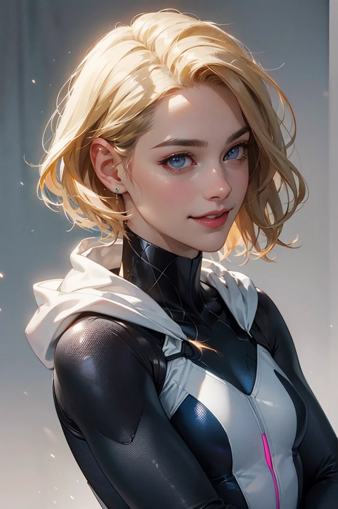Masterpiece), ((best quality)), ,Spider-gwen, parted lips, light_smile, cinematic lighting, ultra-realistic, ((realistic)), (Gwen_Stacy), blonde_hair, short_hair, only, sidecut, asymmetrical_hair, parted_lips, eyebrow_piercing , (detailed face), beautiful 1 girl, 1girl, , (beautiful detailed eyes), bodysuit, spider suit, white hoodie, hood_down, portrait, upper_full body,Park