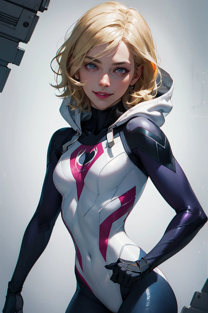 Masterpiece), ((best quality)), ,Spider-gwen, parted lips, light_smile, cinematic lighting, ultra-realistic, ((realistic)), (Gwen_Stacy), blonde_hair, short_hair, only, sidecut, asymmetrical_hair, parted_lips, eyebrow_piercing , (detailed face), beautiful 1 girl, 1girl, , (beautiful detailed eyes), bodysuit, spider suit, white hoodie, hood_down, portrait, upper_full body,Park