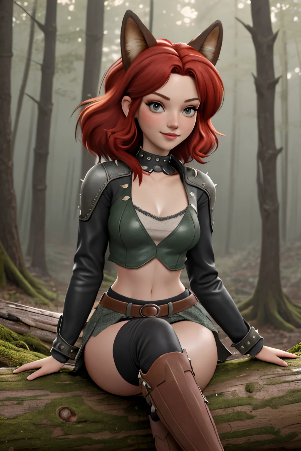 Beautiful 1girl in, fullbody, teenager, Solo, vibrant red hair, disheveled red hair, spiky red hair, light gray eyes, some small freckles, pale skin, medium breasts, cleavage, runners body, (thin hips, thin waist: 1.25), (arched back:1.12), detailed skin, neutral face, mischievous smile, revealing clothes, (wearing cropped open leather jacket, cloth bralette undershirt green, leather skirt, bracers, thigh high armored boots: 1.1), looking at viewer, (sitting down on a log: 1.22), (dark dark red fox ears:1.25), (detailed magical forest background:1.1), creek, overlooking opening in forest, 4k textures, soft light, elegant, highly detailed, sharp focus, soothing tones, insane details, intricate details, hyperdetailed, low contrast, exposure blend, hdr, faded