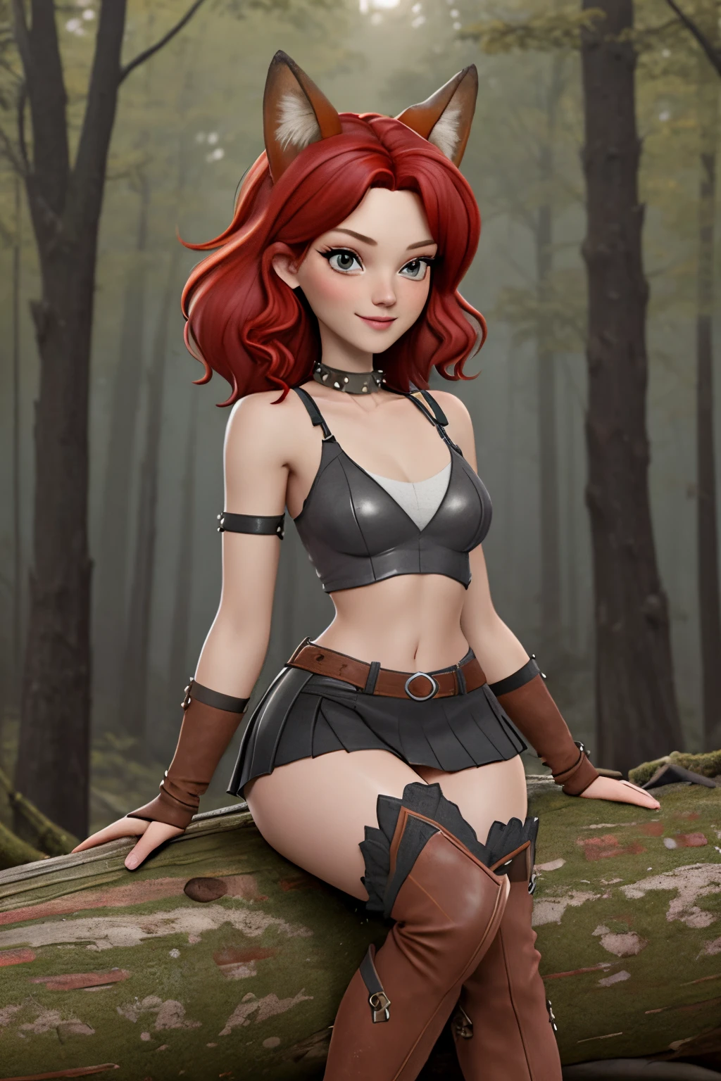 Beautiful 1girl in, fullbody, teenager, Solo, vibrant red hair, disheveled red hair, spiky red hair, light gray eyes,  some small freckles, pale skin, medium breasts, cleavage, runners body, (thin hips, thin waist: 1.25), (arched back:1.12), detailed skin, neutral face, mischievous smile, revealing clothes, (wearing cropped open leather jacket, cloth bralette undershirt green, leather skirt, bracers, thigh high armored boots: 1.1), looking at viewer, (sitting down on a log: 1.22), (dark dark red fox ears:1.25), (detailed magical forest background:1.1), creek, overlooking opening in forest, 4k textures, soft light, elegant, highly detailed, sharp focus, soothing tones, insane details, intricate details, hyperdetailed, low contrast, exposure blend, hdr, faded
