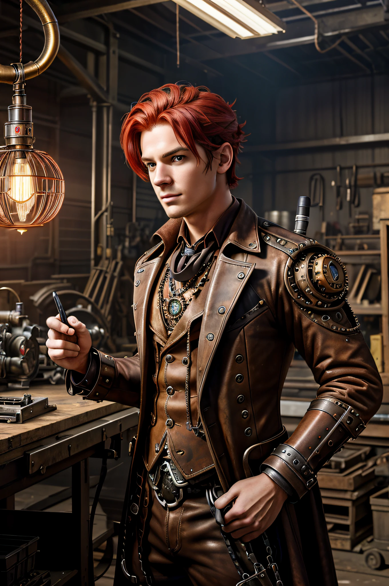 Raw photo, Austin Pierce as young man, red color hair,  inside a metal workshop, steam punk style, have begun to code together in the metal workshop.  working quickly and efficiently, and he's likely focused on a specific task, masterpiece, award winning photography, lighting, perfect composition, high detail, hyper realistic,dramatic lighting, epic, steampunk vibe, ((steampunk:1.1)), well detailed body, masterpiece, high quality image, high resolution, good body