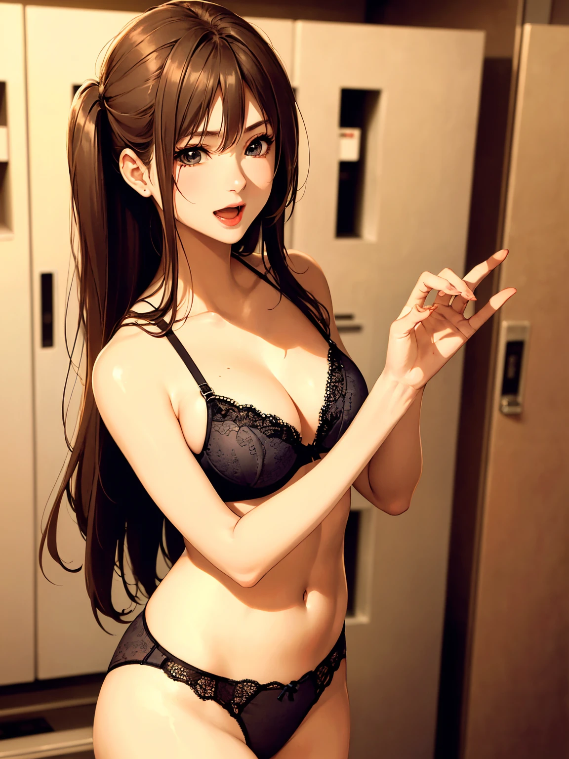 (top quality picture、masterpiece level、very high res、An ultra-high picture quality、High quality pixels)、(1girl in,She is a very beautiful woman、and she is 20 years old、1 person、Single、Beautiful beauties,Beautiful face written in detail,Beautiful body,Strong-willed eyes,Beautiful eyes,Beautiful hair,Beautiful skin texture)、(Beautiful hair quality,poneyTail)、(Slender body and beautiful breasts)、(Lovely smile,Open mouth)、(Lace bra wearing,Lace panties,Underwear,adult-like),(Locker Room,The gesture of trimming hair by hand,modelshoot,Magazine shooting),(Beautiful Art Style,an animated character、The whole picture、Detailed picture、accurate anatomy、Defect-free images、extremely detailed picture、Accurate images、image perfect)、(Best Shot Photo 1.2)