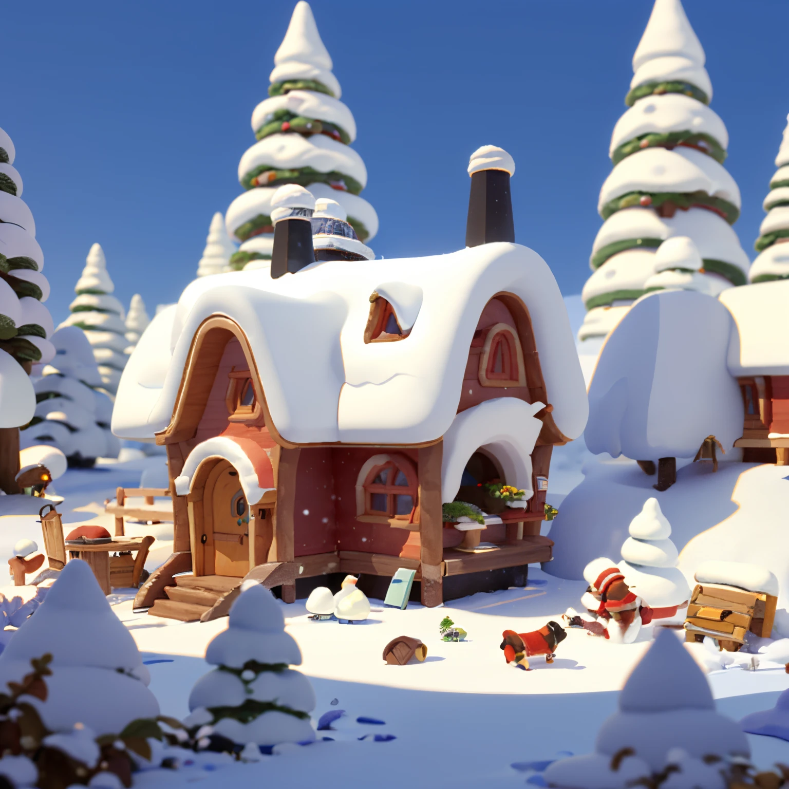 Santa Claus House, Architectural design, cartoony, Adventure Lodge,Winter Adventure Hut,Tilt-shift lens,Plants match the building,Yuki,in the winter season,Casual style of play, Botanical architecture,Cartoon 3D, blender,Three shades and two discreet,Close-up separation,tmasterpiece,superdetail,beste-Qualit
