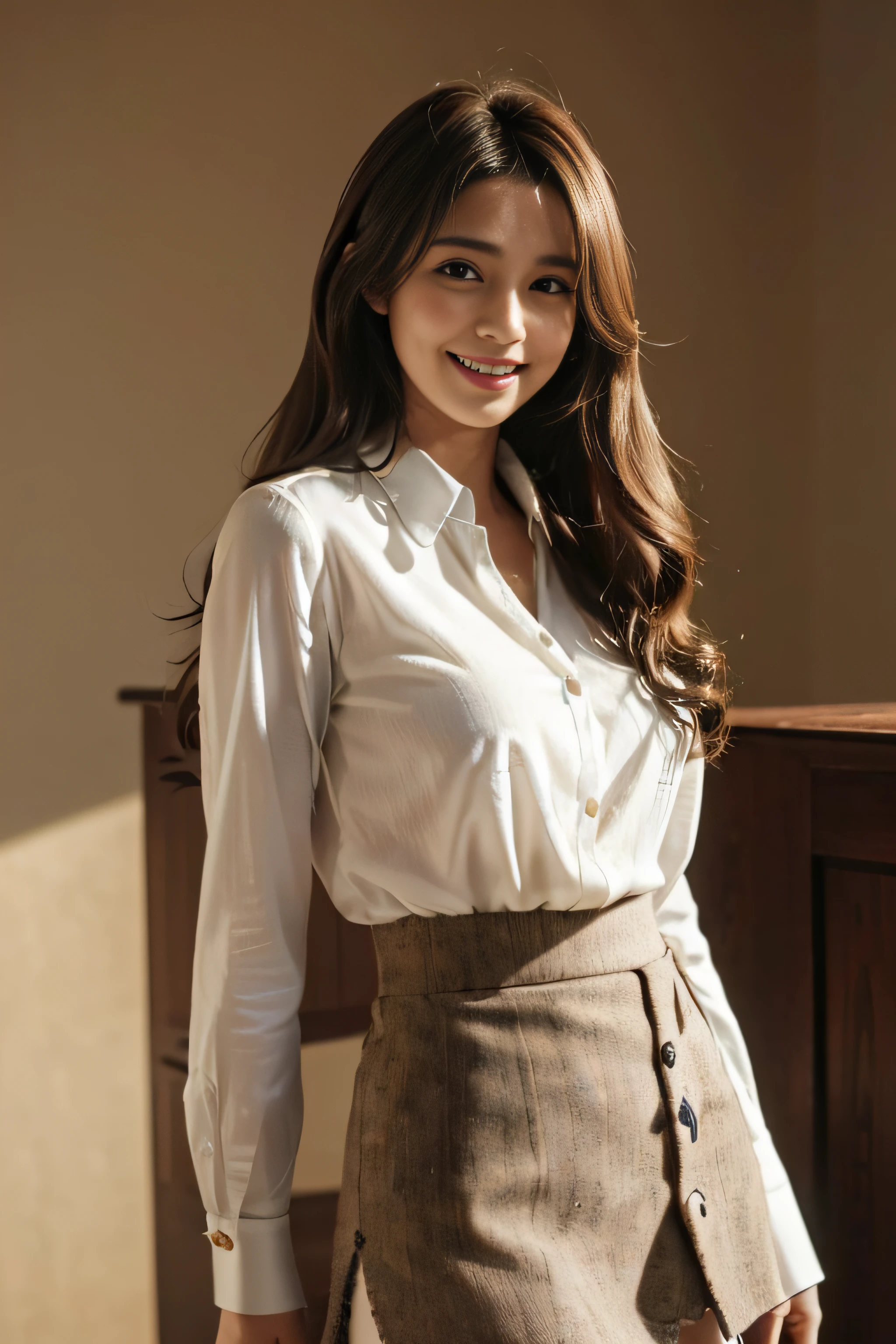 ((Beautiful girl from Japan:1.3))((White Button Blouse_brown tweed mini skirt:1.4))((Tuck the hem of the blouse into the skirt:1.2))((pantyshot:1.5))((High School Teacher:1.2)),((I have a textbook in my hand:1.3)) ((Standing at the pulpit_i'I'm teaching while watching you:1.3)),((full of sweat:1.5))((Blushing face:1.4)) ((Medium milk:1.4)) ((close-up:1.2)) Best Quality,masutepiece,超A high resolution,(Photorealistic:1.4),Raw foto,(Authentic skin texture:1.3),(Film grain:1.3),the panorama,Character Portrait,Very Wide Shot,big breasts thin waist,Cowboy Shots,(Durkin, deepshadow, lowkey, cold light,) natta,(()),Streaming Tears,,Dust,Tindall Effect,(expressions),1girl in,beautiful detailed eyes and face,White Jabot,Brown eyes,((brown super long hair_Reach up to the waist:1.2)),((loosely curled hair:1.2)),((FULL BODYSHOT:1.3)) ((Smile:1.3))