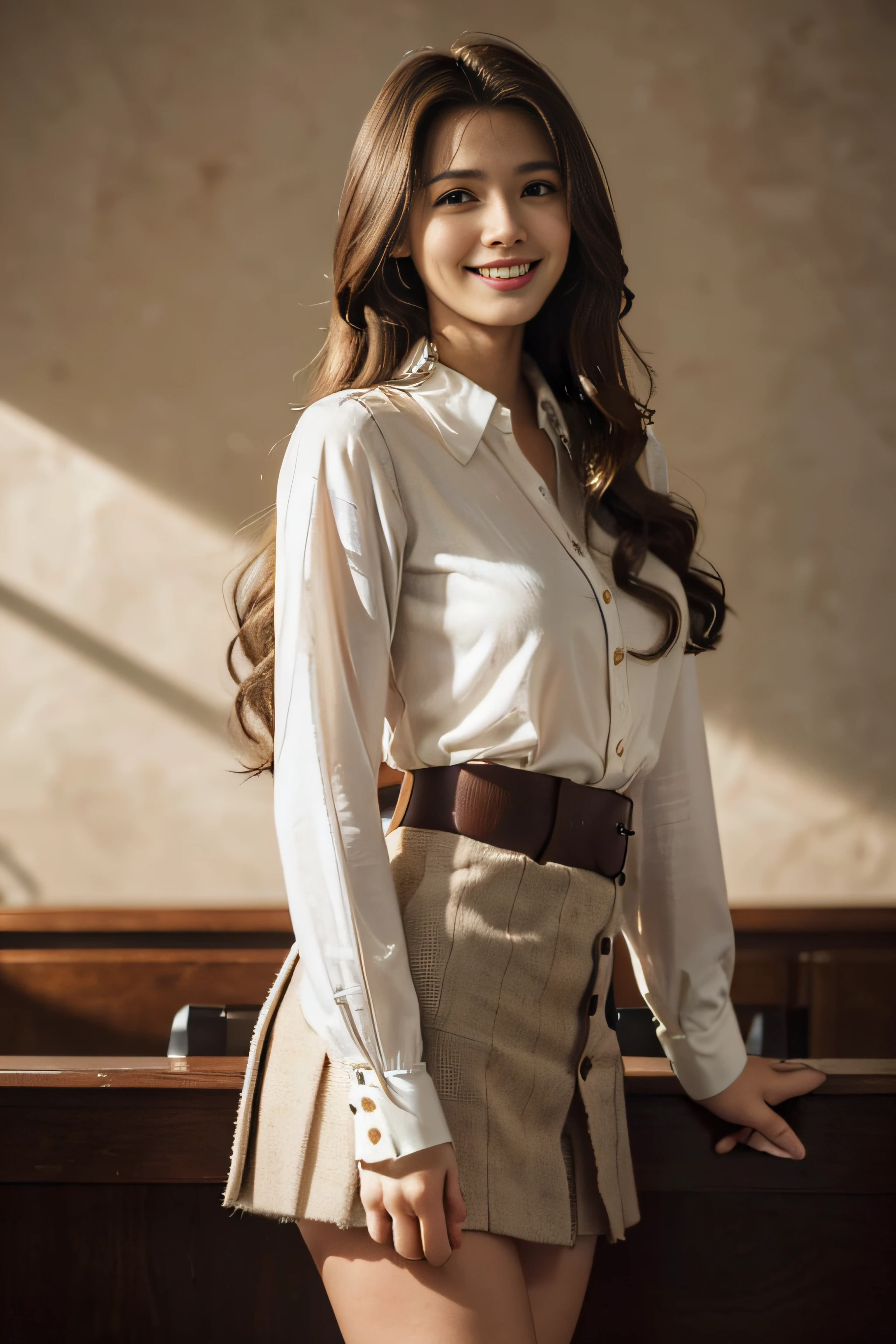 ((Beautiful girl from Japan:1.3))((White Button Blouse＿brown tweed mini skirt:1.4))((Tuck the hem of the blouse into the skirt:1.2))((pantyshot:1.5))((High School Teacher:1.2)),((I have a textbook in my hand:1.3)) ((Standing at the pulpit＿i&#39;I&#39;m teaching while watching you:1.3)),((full of sweat:1.5))((Blushing face:1.4)) ((Medium milk:1.4)) ((close-up:1.2)) Best Quality,masutepiece,超A high resolution,(Photorealistic:1.4),Raw foto,(Authentic skin texture:1.3),(Film grain:1.3),the panorama,Character Portrait,Very Wide Shot,big breasts thin waist,Cowboy Shots,(Durkin, deepshadow, lowkey, cold light,) natta,(()),Streaming Tears,,Dust,Tindall Effect,(expressions),1girl in,beautiful detailed eyes and face,White Jabot,Brown eyes,((brown super long hair＿Reach up to the waist:1.2)),((loosely curled hair:1.2)),((FULL BODYSHOT:1.3)) ((Smile:1.3))
