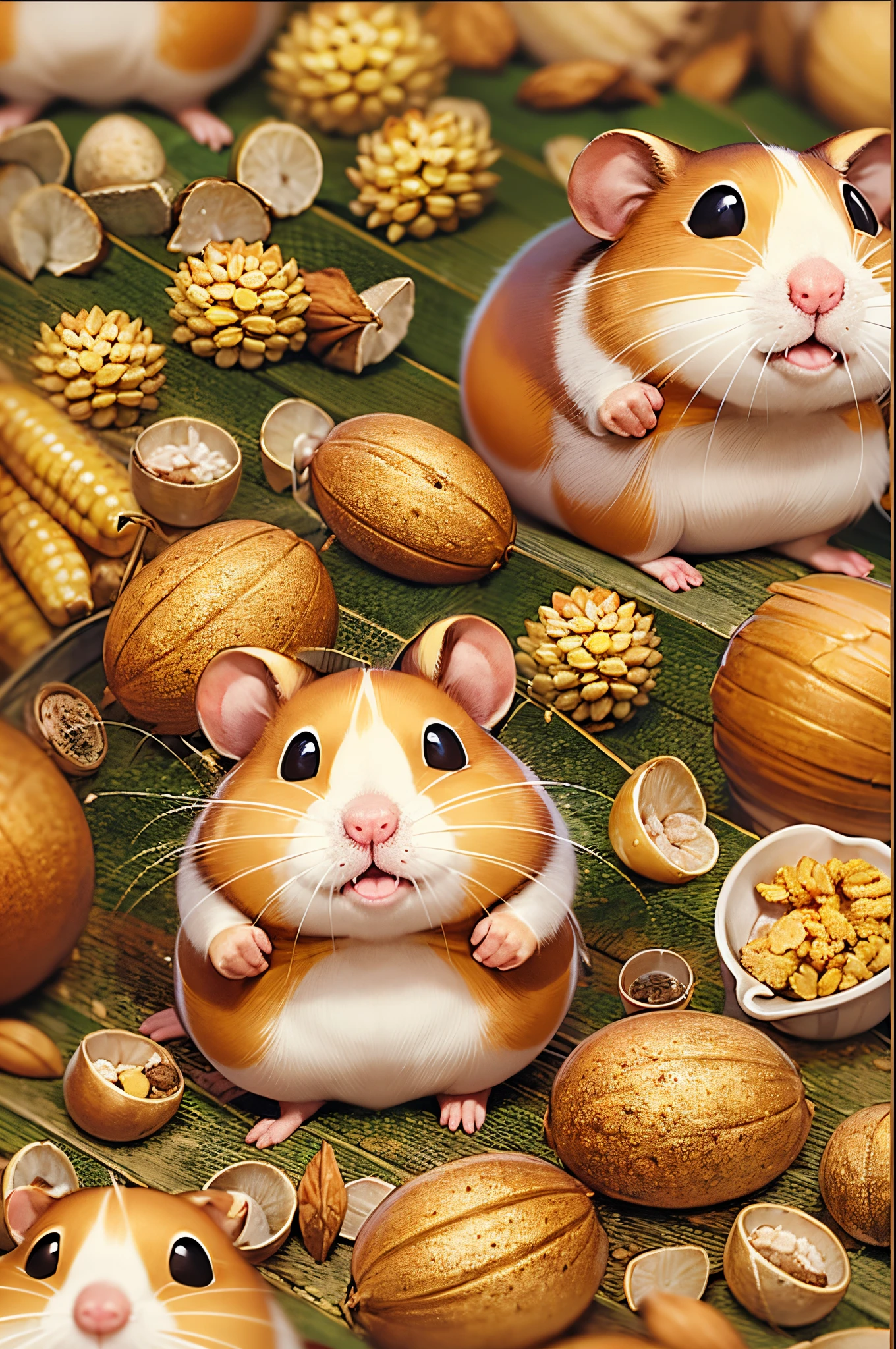 Q version,Chunky Hamster Adventurer,Cute and cute,adventurer clothing,adventurer hat,backpacks,Low angle viewing angle,Huge warehouse,Rich in ingredients,potatoes,corn flake,soybean,appearance,pine nut,peanuts,walnuts,high saturated,hight contrast,Vibrant colors,hyper realisitc,ultra real photo,ultra - detailed,ultraclear,hyper-detailing,tmasterpiece
