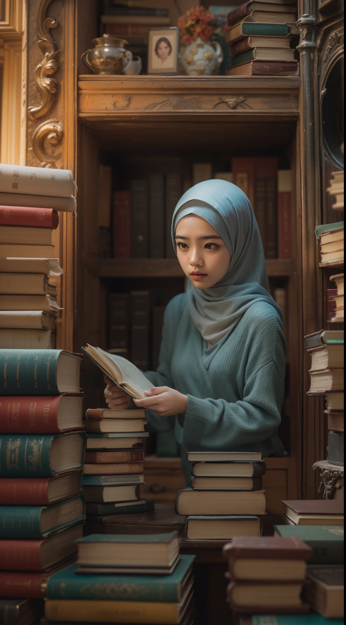 Craft an image where a Malay girl in hijab discovers a secret portal hidden within an ancient bookshelf. As she steps through, the scene transforms into a surreal library suspended in space, with books floating around her, each containing a unique world waiting to be explored, 28mm lense, Low angle shot, pastel color grading, depth of field cinematography, epic fantasy film style, high quality, ultra detail, 8k resolution