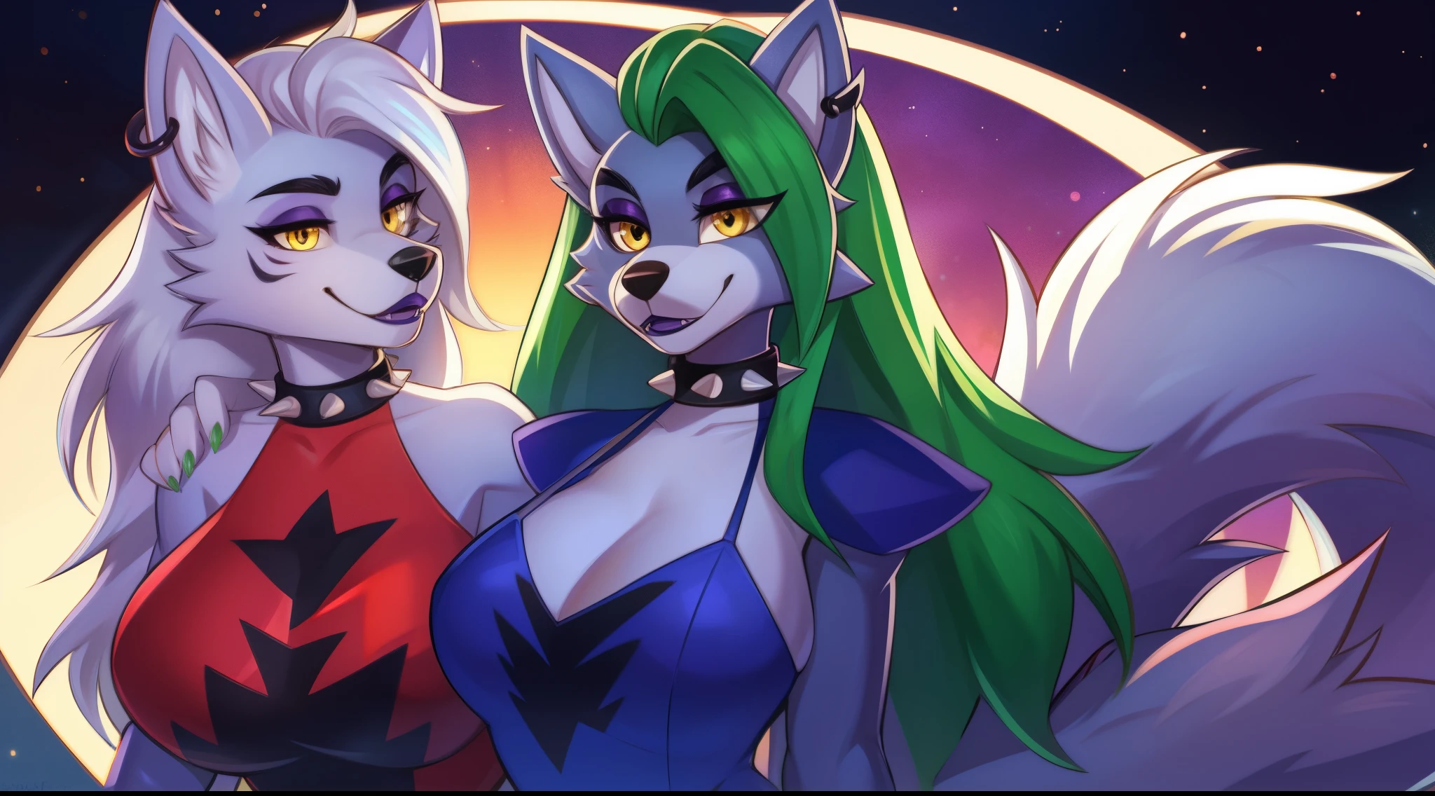best quality,   fnafroxanne, furry female, body fur, makeup, wolf ears, wolf tail, blue dress, big breasts, purple lipstick, collar, spikes, jewelry, ear piercing, bracelet, yellow eyes, detailed eyes,  3DMM, gray hair, green hair,