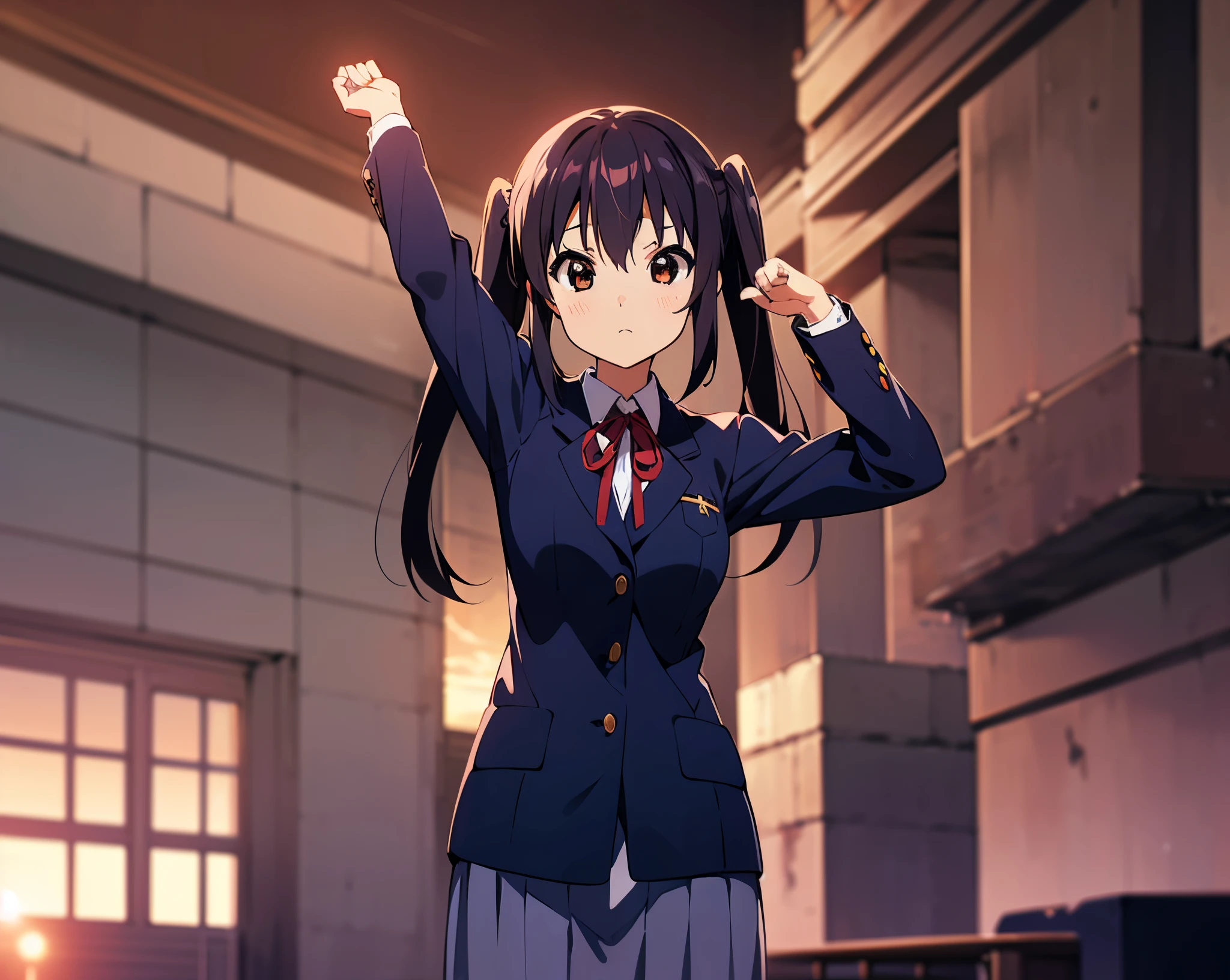 1girl, (((masterpiece))), highest quality, best quality, high detail, nakano azusa, 1girl, sakuragaoka high school uniform, school uniform, twintails, long hair, black hair, brown eyes, solo, red , a navy blue blazer with red narrow ribbon, a solid white buttoned shirt under the blazer, illustration, cartoon, soothing tones, calm colors, soft cinematic light, adobe lightroom, photolab, hdr, intricate, highly detailed, ((((depth of field)))). (((takeout))).dynamic focus.((big breasts)).(((Skyscrapers))).(((A city scape))).(((serious)). closed mouth.(((raising one arm))).(((up chest))).((evening glow)).((the setting sun)).Bend your elbows.Clench your fists