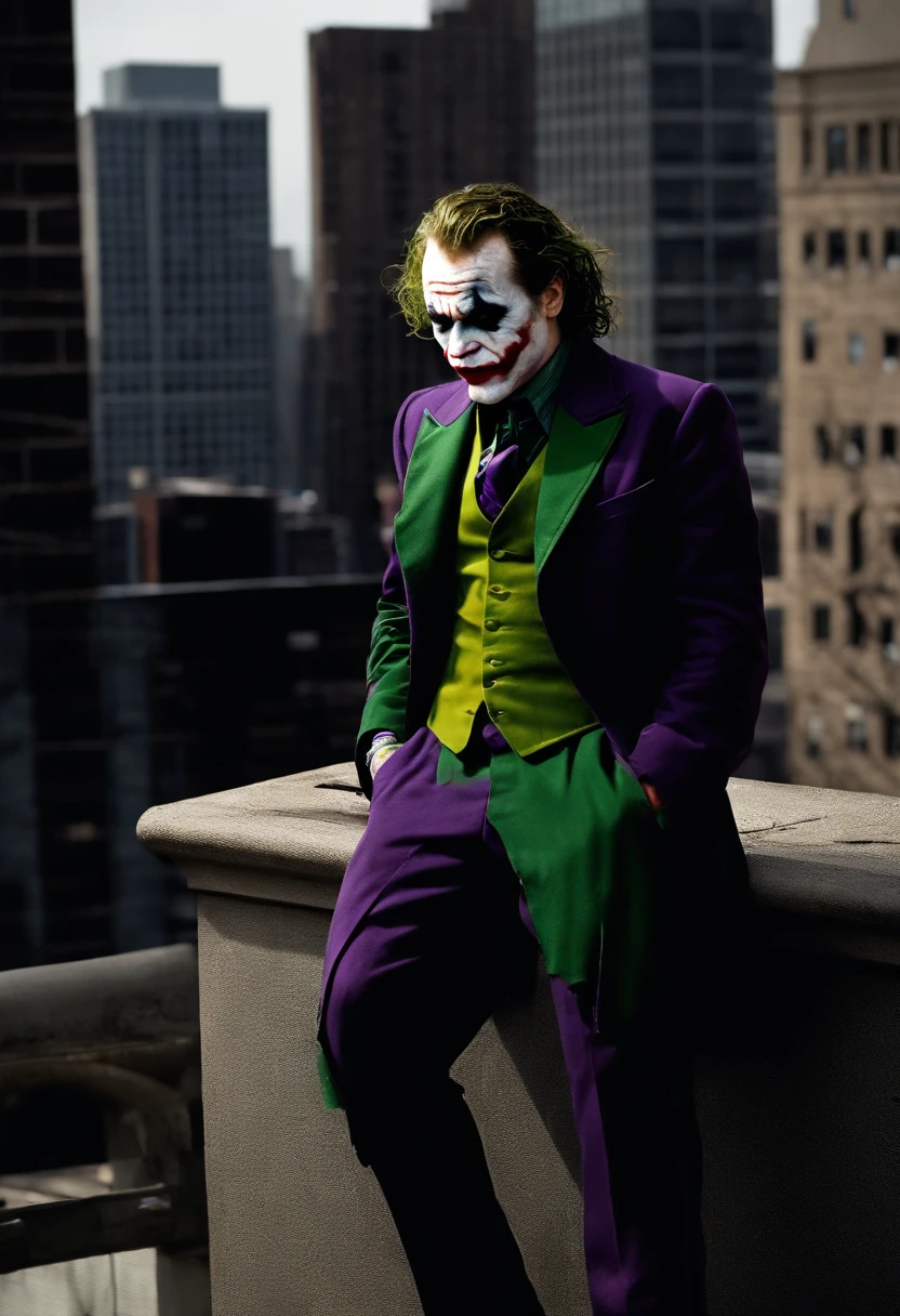 A photo of the Joker standing on top of a Gotham City hospital, causing chaos and panic among patients and staff,The Dark Knight,Heath Ledger’s portrayal of the Joker in “The Dark Knight” is marked by his disheveled, greasy hair, smudged clown makeup, and a chilling, scarred smile that gives him a menacing and unpredictable appearance. His attire, a mismatched suit with a ragged purple coat, adds to his chaotic and anarchistic persona., male
