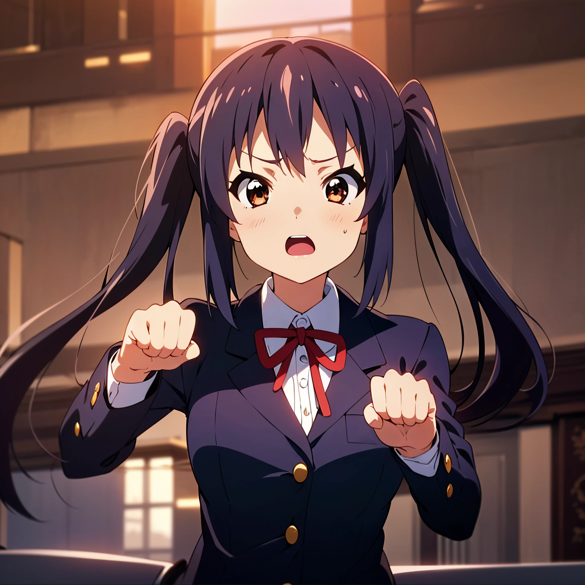 1girl, (((masterpiece))), highest quality, best quality, high detail, nakano azusa, 1girl, sakuragaoka high school uniform, school uniform, twintails, long hair, black hair, brown eyes, solo, red , a navy blue blazer with red narrow ribbon, a solid white buttoned shirt under the blazer, illustration, cartoon, soothing tones, calm colors, soft cinematic light, adobe lightroom, photolab, hdr, intricate, highly detailed, ((((depth of field)))). (((takeout))).dynamic focus.((big breasts)).(((Skyscrapers))).(((A city scape))).(((serious)). open mouth.(((fighting stance))).(((up chest))).((evening glow)).((the setting sun)).Clench your fists