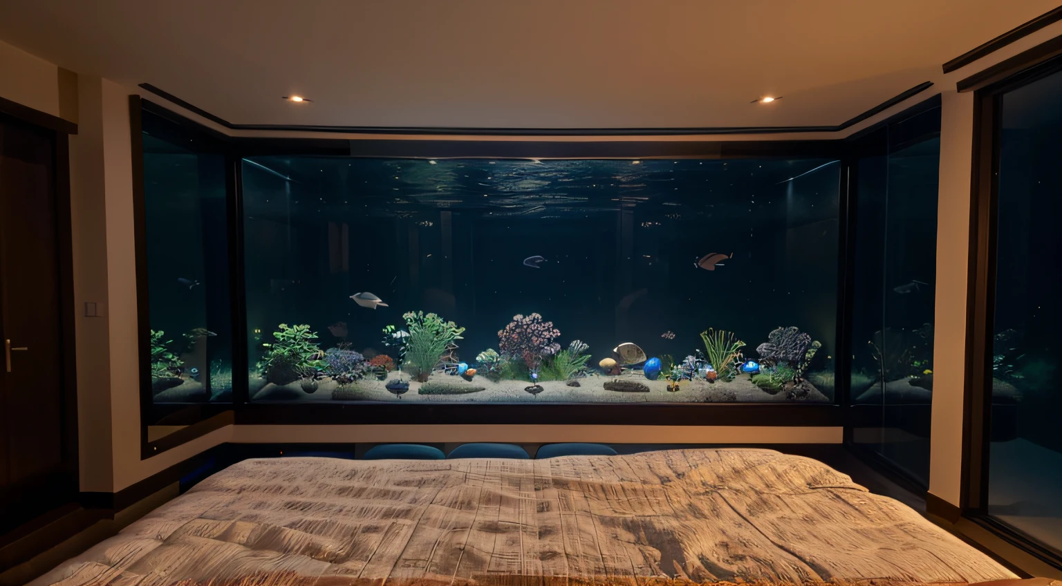 luxury bedroom night aquarium view form a large window, 4k, high definition