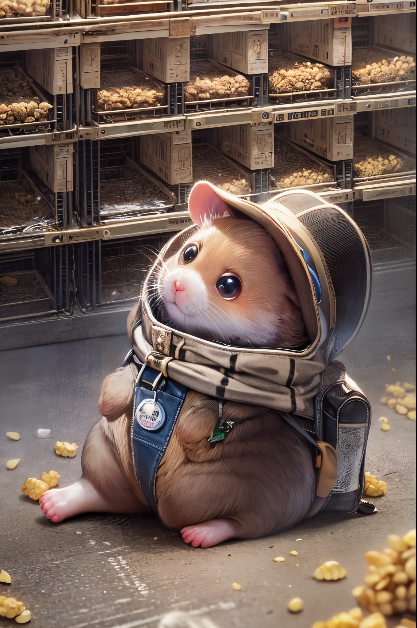Q version,Chunky Hamster Adventurer,Cute and cute,adventurer clothing,adventurer hat,backpacks,Low angle viewing angle,Huge warehouse,Rich in ingredients,potatoes,corn flake,soybean,appearance,pine nut,peanuts,walnuts,high saturated,hight contrast,vivd colour,hyper realisitc,ultra real photo,ultra - detailed,ultraclear,hyper-detailing,tmasterpiece
