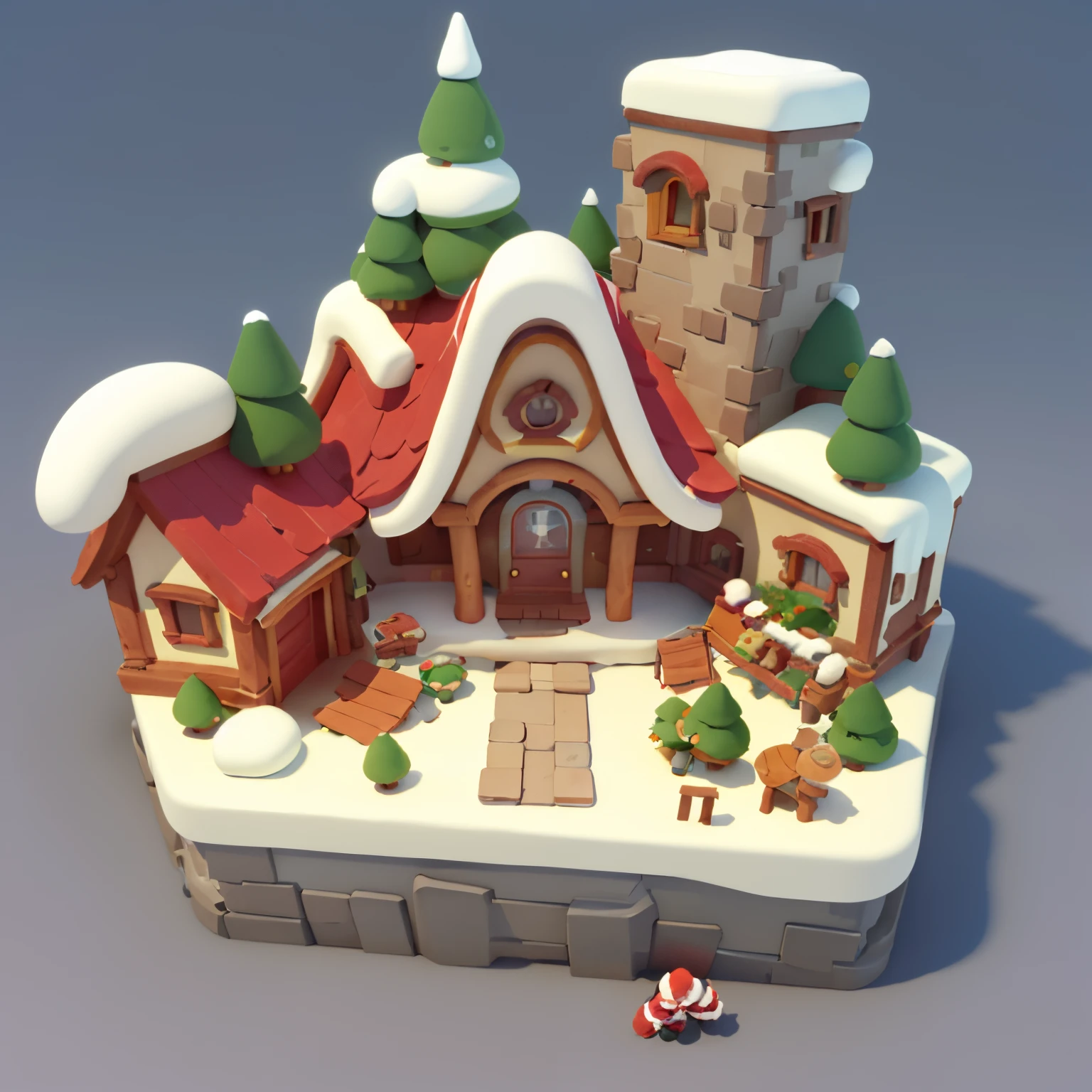 Santa Claus House: 1.2, Architectural design, cartoony, Adventure Lodge，Winter Adventure Hut，Tilt-shift lens，Plants match the building，Yuki，in the winter season，Casual style of play, Botanical architecture,Cartoon 3D, blender，Three shades and two discreet，Close-up separation，tmasterpiece，superdetail，beste-Qualit