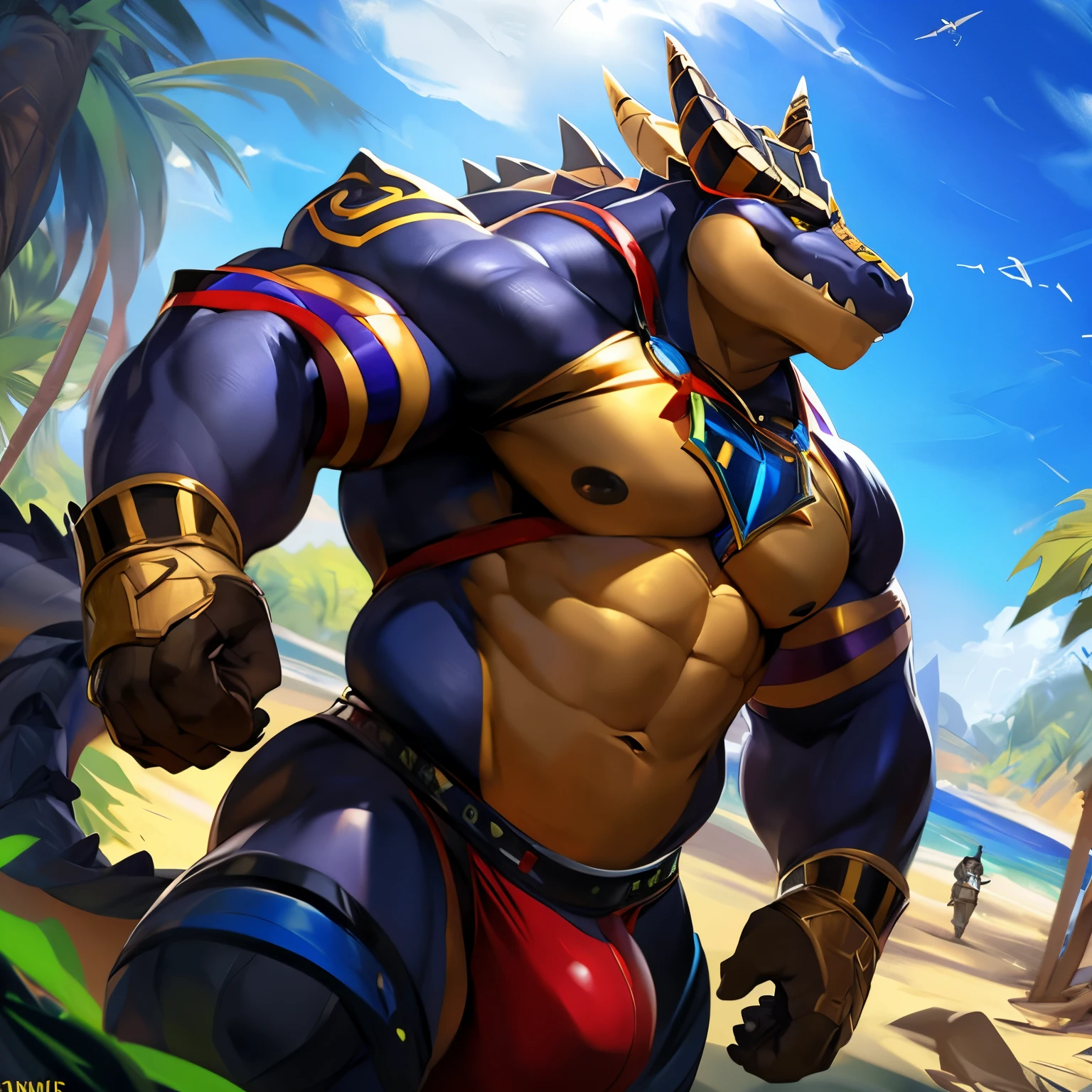 sozinho, macho, alligator, focinho longo, dentes afiados, Presas, rosto grosso, Face larga, ombros largos, musculoso, polir, forte, alto, gigante, Massive, enorme, gigantesco, Big biceps, Pecs grandes, Corpo verde, pele verde, olhos amarelos, Virilha detalhada, massive bulge, por darkgem, por Mystikfox61, por chunie, por vader-san, Olhando para o Viewer, sombrio, Dramatic, cidade, beco, traje espacial azul, uniforme