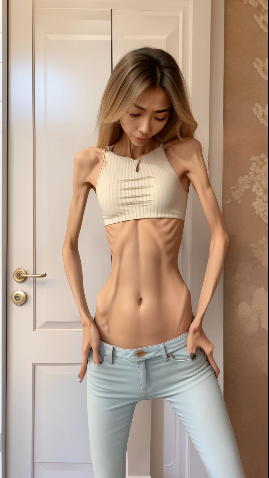 very thin woman,The body is very thin,Protruding sternum,The waist is very thin,The ribs are noticeable,Protruding ribs,The pelvic protrusion is very obvious,Pelvic width,Legs are just skin and bones,thin shoulde,The waist is very thin,Sunken abdomen,Delicate arms,arm muscle atrophy,hunger,The lower abdomen is depressed,Asia face,The waist is particularly thin,grieves,weeping,Excessive weight loss,The face is sunken and thin,Severe malnutrition,hunger,thin shoulde,Wear spirit jeans,wearing a tights