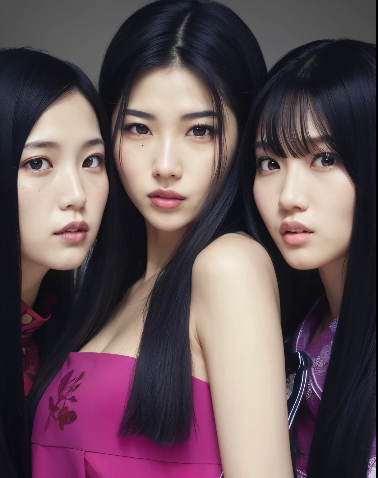 three Asian women with long black hair posing for a photo, perfume, rosa preto, Rostos bonitos, asian features, Retrato de Jossi de Blackpink, Jingna Zhang, maquiagem sul-coreana popular, Retrato Jisoo Blackpink, Portrait of female Korean idol, veludo vermelho, Yan, arte oficial, Asian women, Rostos lindos, Gongbi, korean face features