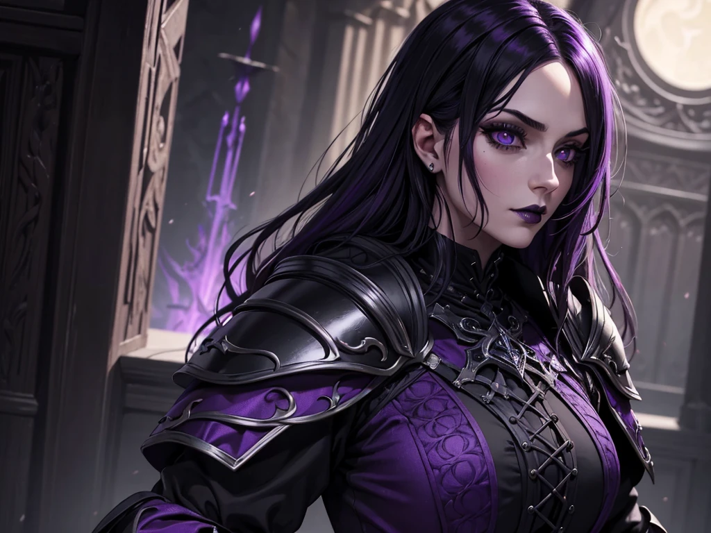 An adult vampire wizard character wearing a very detailed and beautiful gothic armor in black and purple color. Seu cabelo com corte em estilo curto, black lip color, cor roxa dos olhos;, manto, capuz, caminhando, 8k, Magnificent, Black and purple Gothic armor, capa