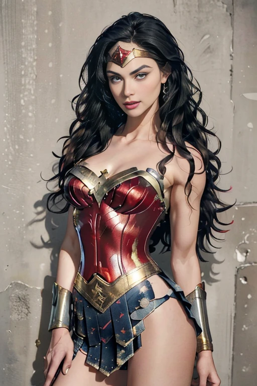 ((((Dramatic))), (((grittiness))), (((intense))) The movie poster features a Wonder Woman as the central character。She stands confidently in the center of the poster, Wonder Woman, (intricate detailed, makeup), (detailed beautiful delicate face, detailed beautiful delicate eyes, a face of perfect proportion), (Glossy skin: 1.0), fine detailed skin, strong and realistic blue eyes, realistic black hair, ((long wavy hair:1.3)), lips, makeup, natural skin texture, tiara, (red and gold bustier:1.2),