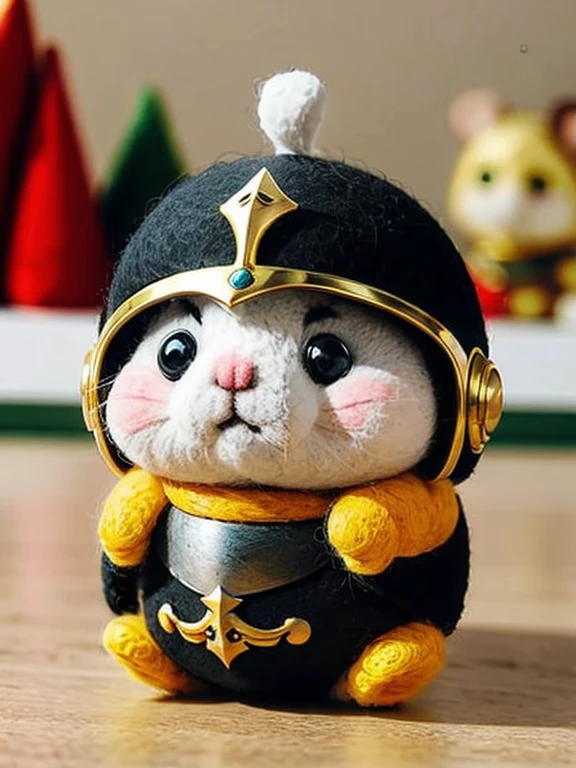 A Hamster, a cute hamster with a helmet, medieval armor, inside the castle for background, blurry background, Wool felt, chibi, masterpiece,best quality,