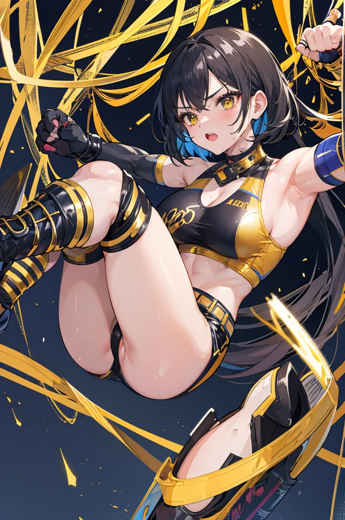 1 girl , solo , night city. Wrestling ring, Female wrestler, shiny ring gear, shorts, top, black and gold outfit, fit body, exposed midrift, suplex, muscular body,sweaty, glistening, knee pads, elbow pads , wrestling boots , holding champion belt with huge gold plate