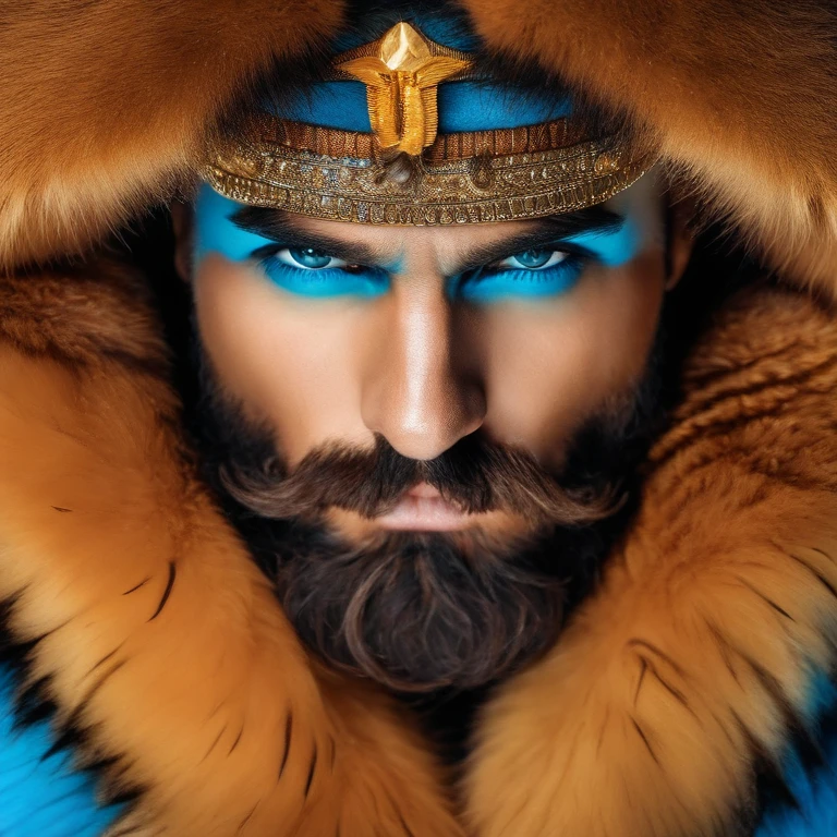 Tall, muscular and bearded. Clad in animal furs and pelts. Severe expression. ,original,Tall, muscular and bearded. Clad in animal furs and pelts. Severe expression. , male,face,photo