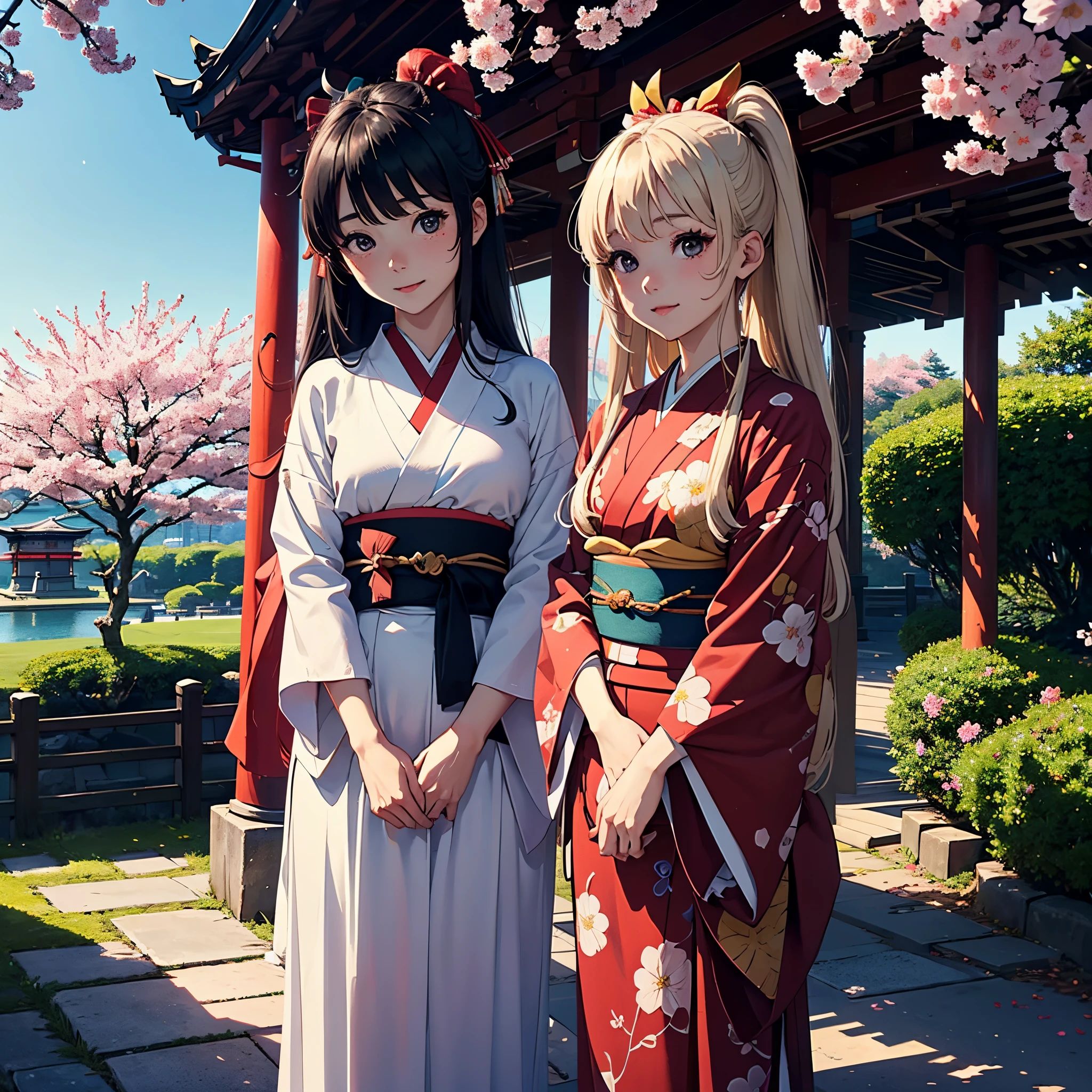 in 8K、Best Quality、masutepiece、(shrine maiden、japanes、Beautuful Women、25-years old、Beautuful Women、cute little、spotless)、springtime、starrysky、cherry trees、(ssmile、slightly red cheeks)