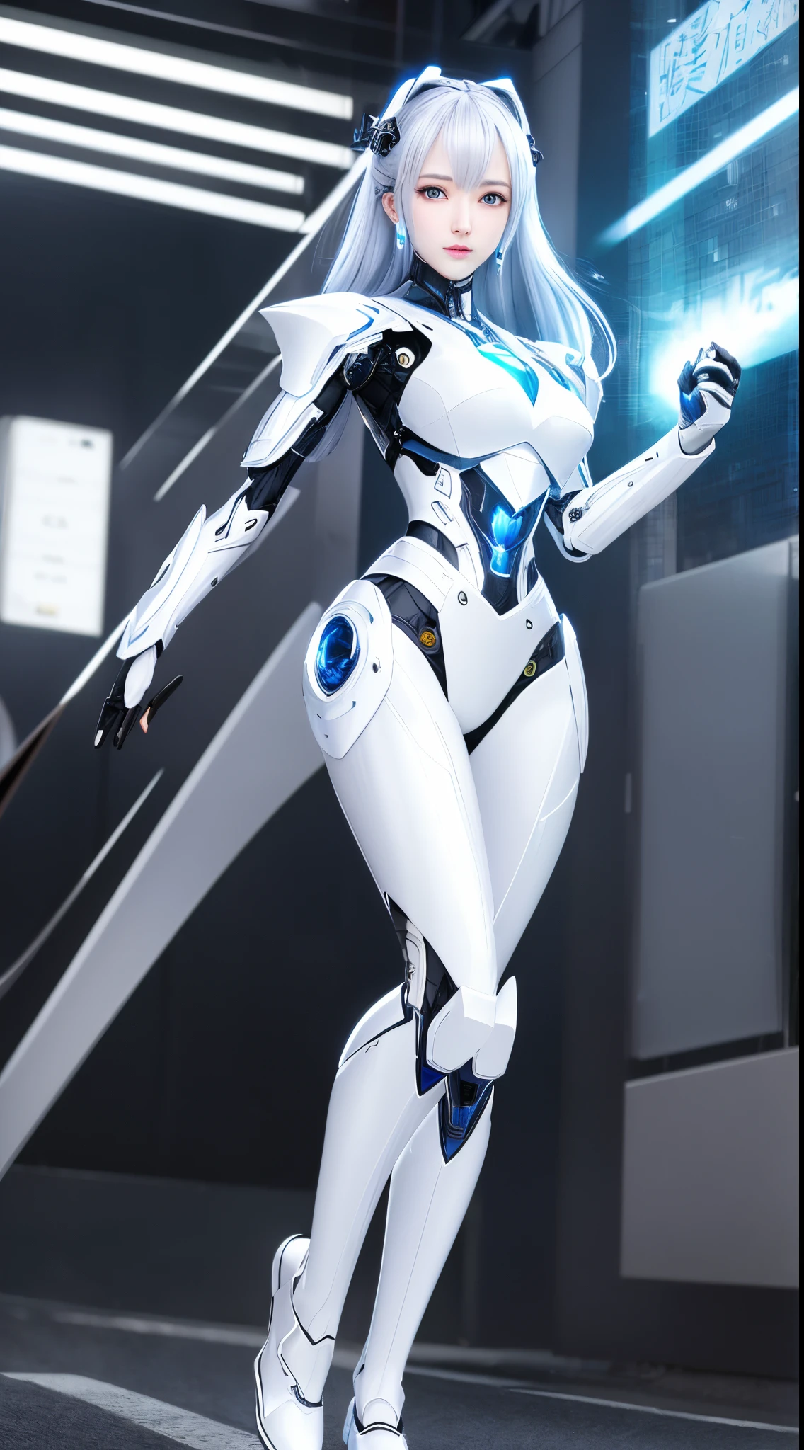 (((masutepiece))), (top-quality、high quarity、ultra-definition、Extreme elaboration、Top resolution):2.0、(Realistic、photoRealstic), ((well proportioned face))、fulcolor 、(scientific fiction)、(独奏)、Beautiful robot woman、Everything inside is robot parts.、((Combat Robots))、(Perfect robot joint:1.3)、(Electronic board:1.3)、(Machine frame:1.3)、White porcelain mechanical armor、(Oval curvaceous face)、(machine components:1.3)、(An AI)、(glass almond shaped eyes)、Luminous Eyes、thin mouth、deadpan、(Perfect mechanical two-handed:1.3)、Ray traching、multi-layer texture、((Cyber City Road during the day))、Perfect robot legs、high-heels