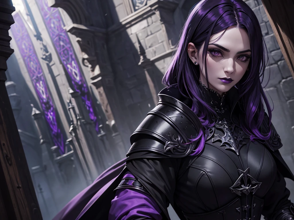An adult vampire wizard character wearing a very detailed and beautiful gothic armor in black and purple color. Seu cabelo com corte em estilo curto, black lip color, cor roxa dos olhos;, manto, capuz, caminhando, 8k, Magnificent, Black and purple Gothic armor, capa
