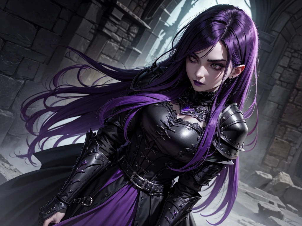 An adult vampire wizard character wearing a very detailed and beautiful gothic armor in black and purple color. Seu cabelo com corte em estilo curto, black lip color, cor roxa dos olhos;, manto, capuz, caminhando, 8k, Magnificent, Black and purple Gothic armor, capa