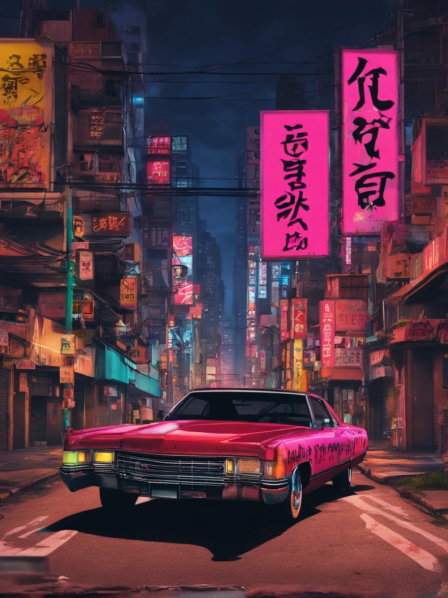 In the midst of the lit streets of gotham city, the camera pans up to reveal the word BALE spray-painted in bold graffiti, its letters slowly dripping down into the fallen sky, urban backdrop dark intense grain and contrast in the art style of In the midst of the neon-lit streets of Japan City, the camera pans up to reveal the word 'TOMA' spray-painted in bold graffiti, its letters slowly dripping down into the urban backdrop. As the scene unfolds, a pristine black caddilac coupe deville arrives and, adding to the atmosphere. Amidst the striking visuals,, evoking an air of mystery and intrigue Chiharu Shiota
