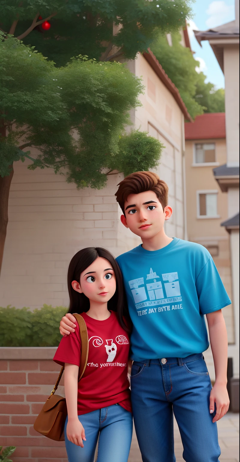 The boy was wearing a blue t-shirt and black jeans and the girl was wearing a red t-shirt and blue jeans,the boy put his hand on the girl shoulder