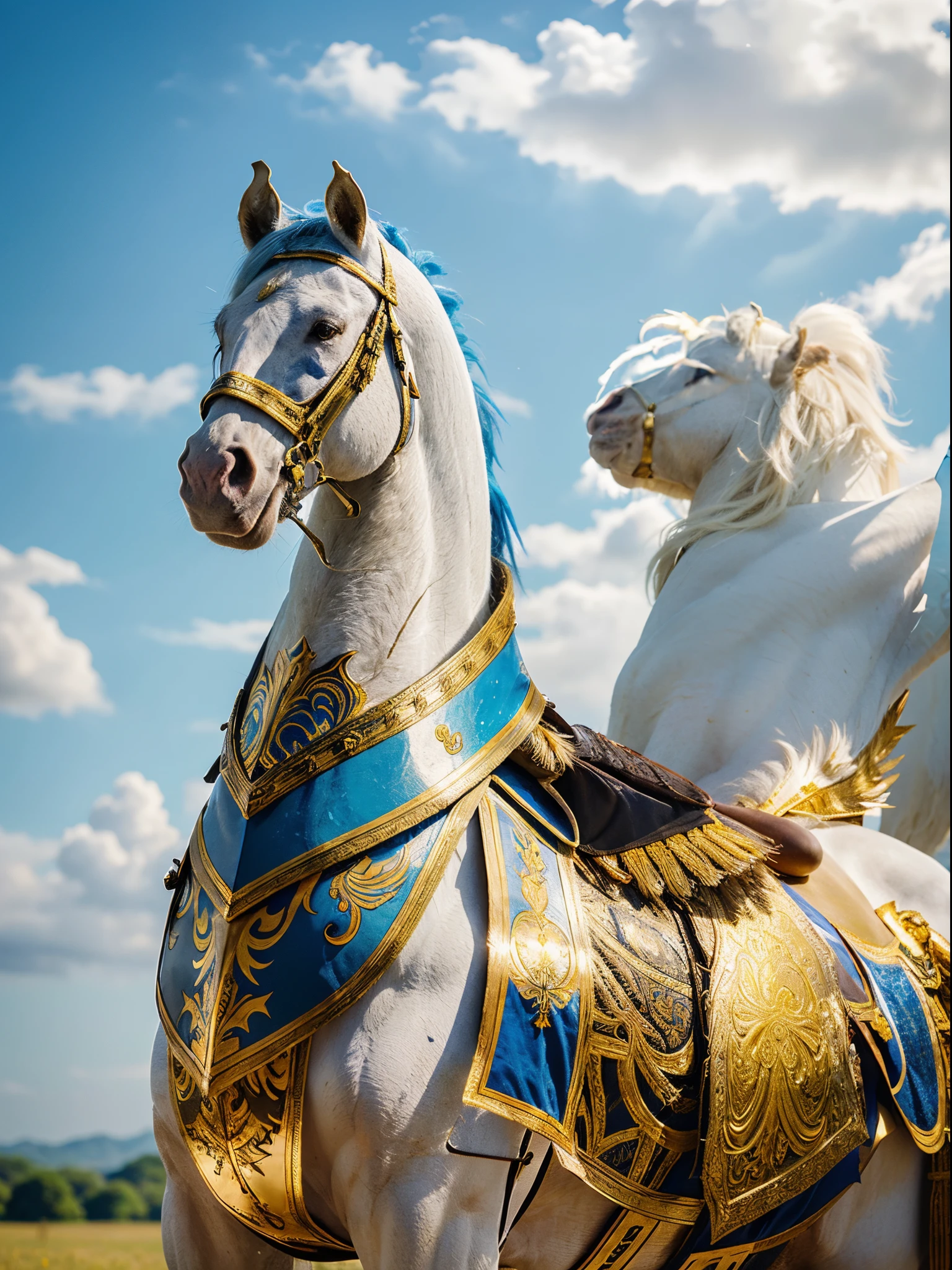 There is a white horse in a field wearing armor with blue and gold decoration on it. Stallion of the Kingdom of Korea, Saddle with golden feathers, excellent luster, shiny brilliant blue and gold composition, detailed, bright and magnificent design, gold and high-quality materials, vivid and detailed