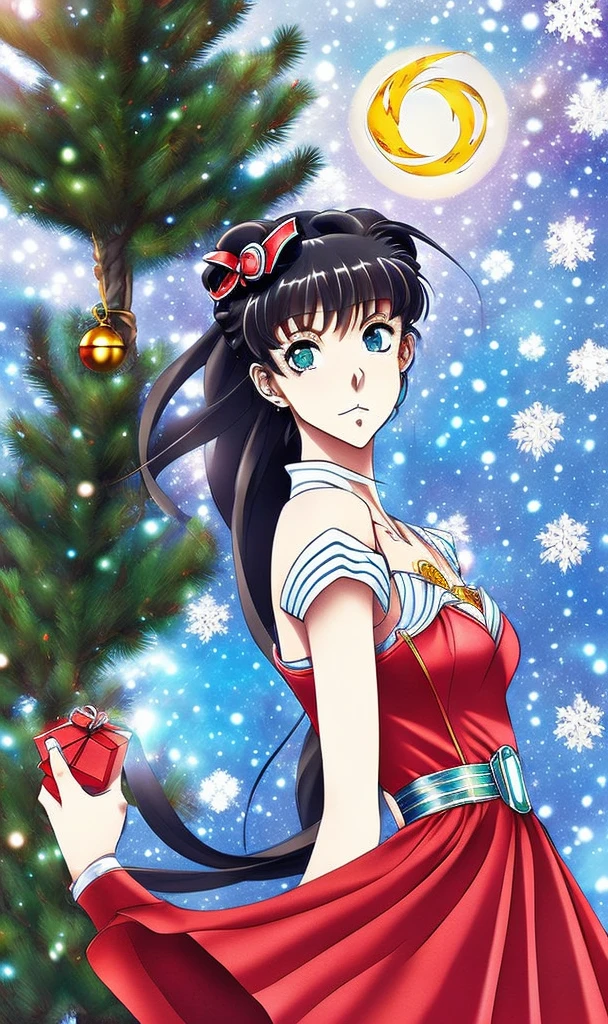 1girl,waistup, 90s style, upper body, sparkle, thin lineart, beautiful shading, ultra detailed, realistic, old anime screencap, sailor moon, red dress, winter, christmas, pine tree, gifts