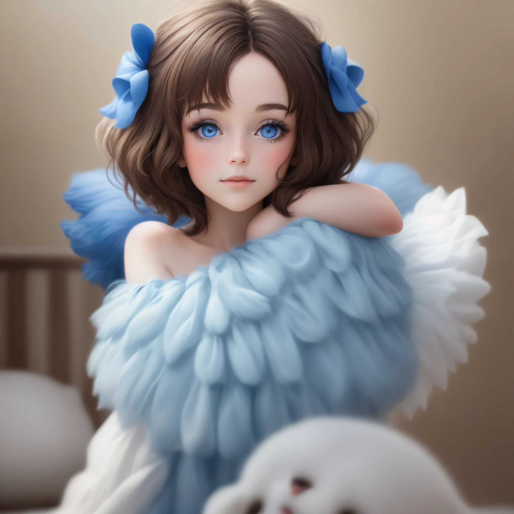 Une influenceuse brune cheveux bruns yeux bleus avec des fossettes photos réelles