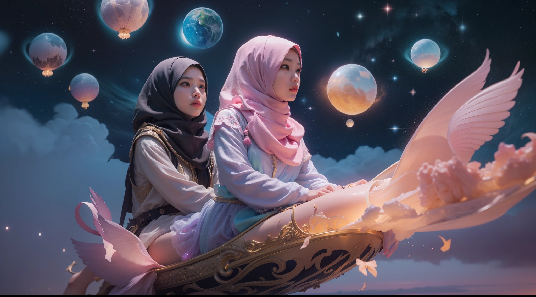 Compose an image where two Malay girls in hijab ride mythical creatures through a vibrant, otherworldly sky filled with floating islands and magical constellations, 28mm lense, Low angle shot, pastel color grading, depth of field cinematography effect, epic fantasy film style, high quality, ultra detail, 8k resolution