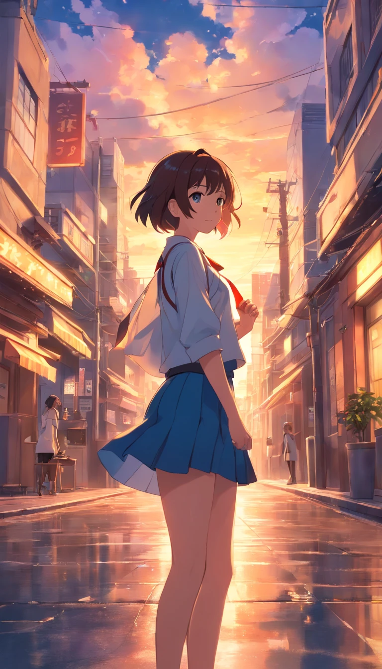masterpiece、top-quality、Movie stills、1girl in、Cloud Girl、floating in sky、a closeup、发光、Happiness、Warm and soft lighting、the setting sun、(Spark:0.7)、Colossal tits、a miniskirt、hi-school girl、Buildings、nighttime scene