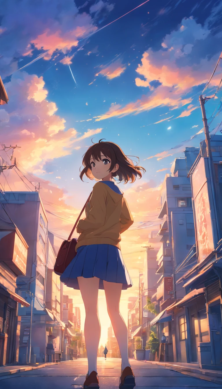 masterpiece、top-quality、Movie stills、1girl in、Cloud Girl、floating in sky、a closeup、发光、Happiness、Warm and soft lighting、the setting sun、(Spark:0.7)、Colossal tits、a miniskirt、hi-school girl、Buildings、nighttime scene