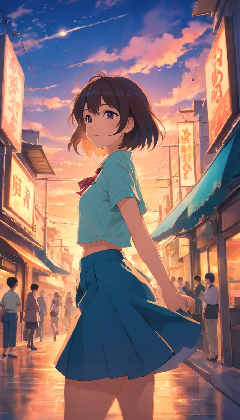 ​masterpiece、top-quality、Movie stills、1girl in、Cloud Girl、floating in sky、a closeup、发光、Happiness、Warm and soft lighting、the setting sun、(Spark:0.7)、Colossal tits、a miniskirt、hi-school girl、Buildings、nighttime scene