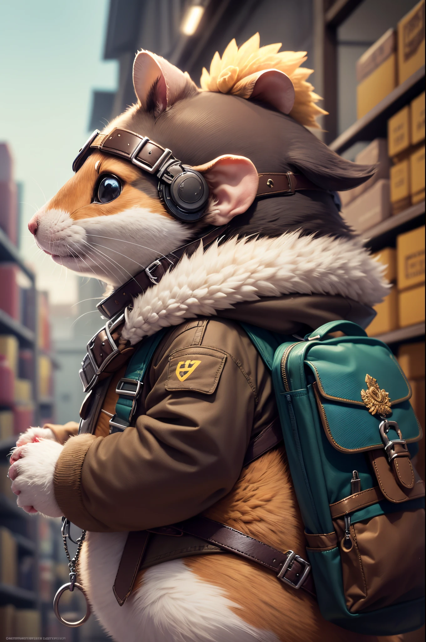 Q version，Chunky Hamster Adventurer，adventurer clothing，adventurer hat，backpacks，Low angle viewing angle，Huge warehouse，Rich in ingredients，potatoes，corn flake，soybean，appearance，pine nut，peanuts，walnuts，high saturated，hight contrast，vibrant with colors，hyper realisitc，ultra real photo，ultra - detailed，ultraclear，hyper-detailing，tmasterpiece