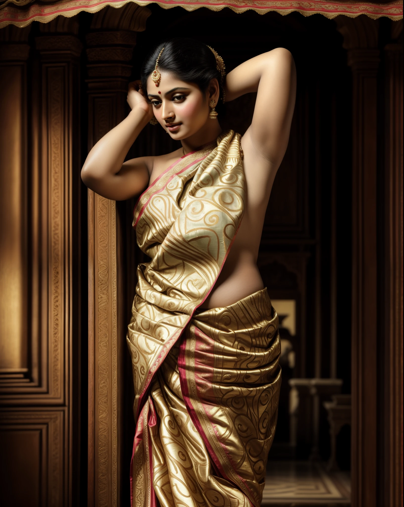 Beautiful Indian Woman, wearing saree, sari Beauty, gorgeous, Apsara, Maharani, royal queen woman, nymph from Hindu Mythology, Urvashi, matchless beauty, Highly detailed, Oil Painting by Peter Paul Rubens inspired by Raja Ravi Varma, Matchless beauty, captivating, gorgeous, heavenly beauty, celestial beauty, by Peter Paul Rubens, 1893, realistic, hyper realistic, micro details, incredible artwork, insane details, ultra High resolution, 8k, 32k, acrylic on canvas, intricate, flawless, detailed, detailed face, detailed eyes, masterpiece, by Peter Paul Rubens, by Caravaggio, by William Adolphe bouguereau, perfect face, perfect body, beautiful art, realism, baroque, renaissance Art, highly textured, beautiful and High clarity eyes, uhd, best quality,
