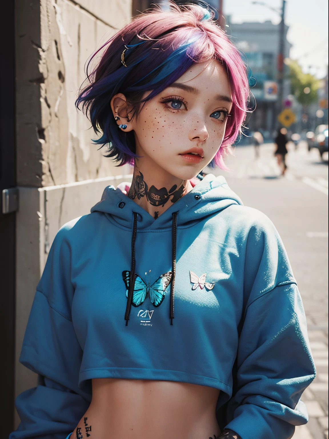 Girl with butterfly tattoo and piercing wearing tranparent crop top hoodie, short hair, colorful hair, colorful eyes, ultrasharp, close up:0.8, freckles:0.8, facelight, potrait, medium breast